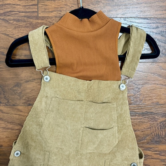Tan Corduroy Short Overalls and Rust Mock Tank - Picture 3 of 6